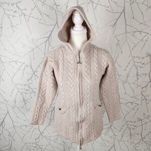 Aran Mor Ireland 100% Merino Wool Cable Knit Hooded Full Zip Sweater
